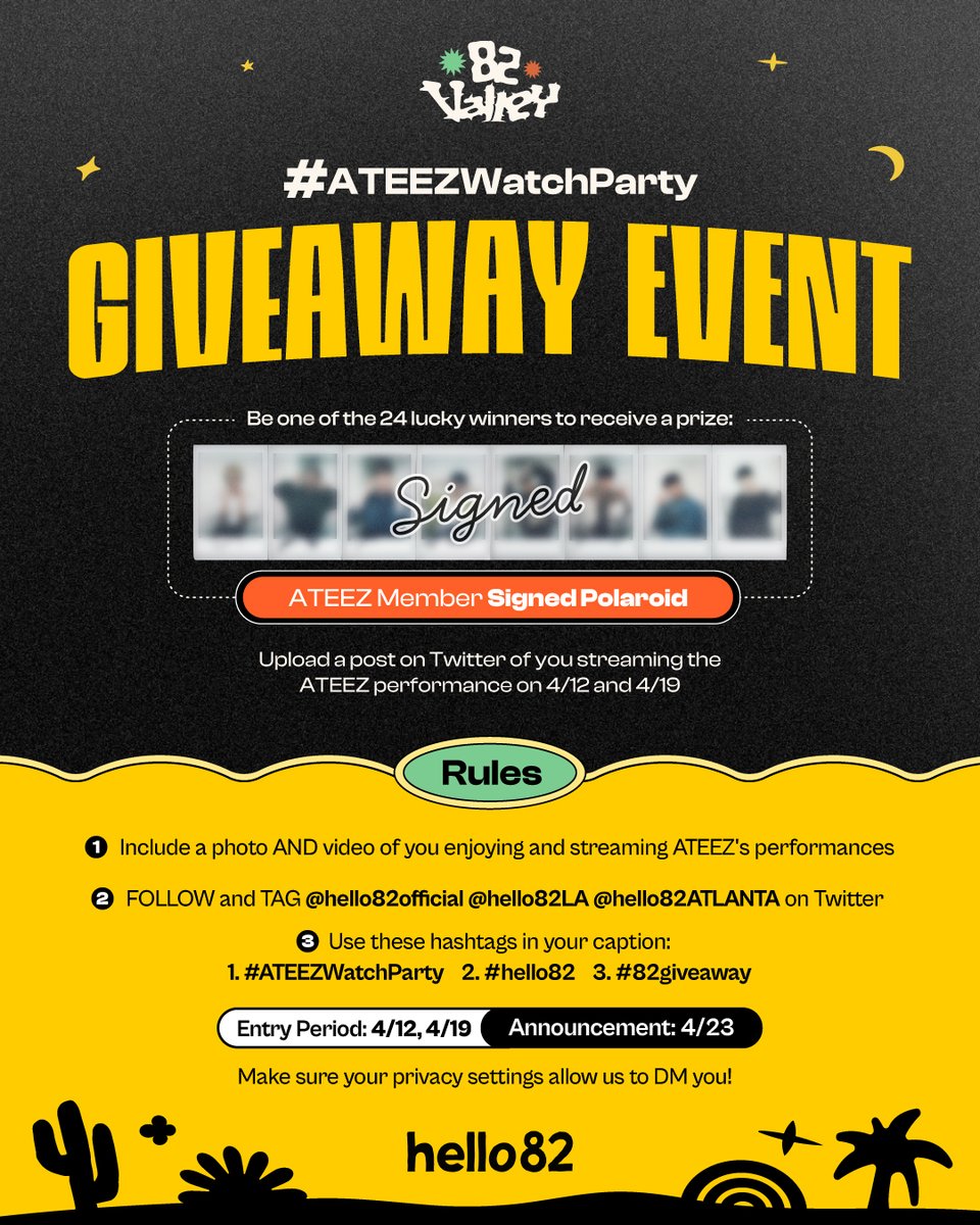 🌵 #ATEEZWatchParty Giveaway Event 🌵 ATINY, it's showtime! Get fired up to watch the hottest stars on stage! Show yourself streaming ATEEZ's April 12th & 19th performances for a chance to win one of these EXCLUSIVE PRIZES! ✨ ATEEZ Member Signed Polaroid (1 random of 24)…