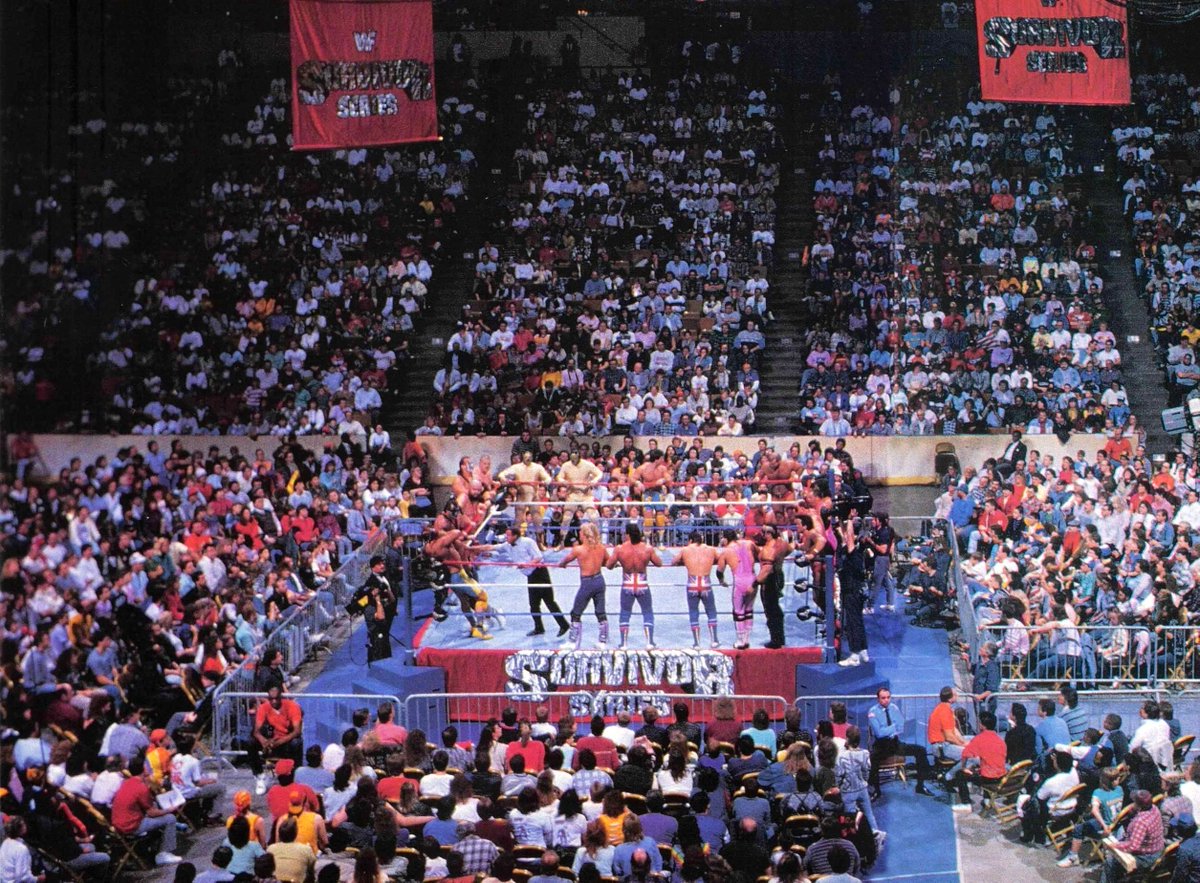 Survivor Series Saturday! Look at the mass of humanity in that ring at the second annual Survivor Series in 1988. #TheRockers #BritishBulldogs #HartFoundation #YoungStallions #Demolition #BrainBusters #Bolsheviks #FabulousRougeaus #TheConquistadors #PowersofPain