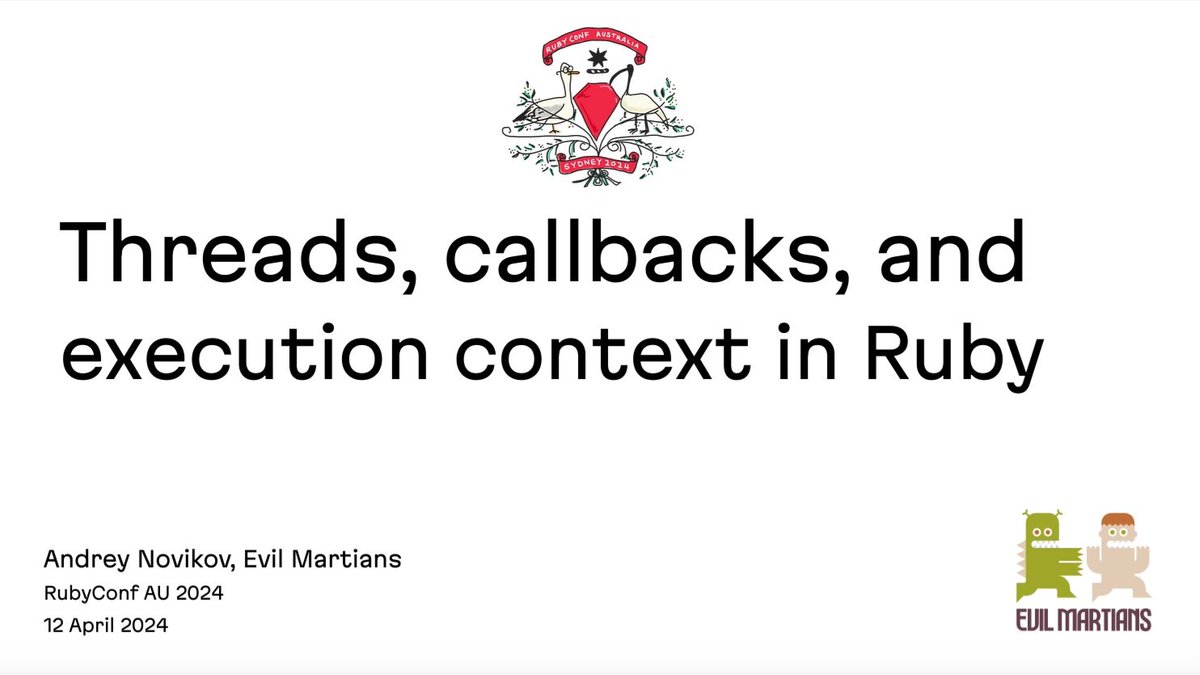 Read slides from my talk at @rubyconf_au about Ruby blocks “Threads, callbacks, and execution context in Ruby” here: envek.github.io/rubyconfau-thr…