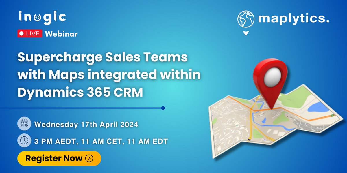 Discover how #Maps & #Dynamics365CRM integration empower your sales team for success in our new upcoming webinar
Register Here - bit.ly/47z4GU5

#webinar #locationintelligence #MSDyn365 #Dynamics365 #Microsoft #territorymanagement #routeoptimization #Dynamics365Partner