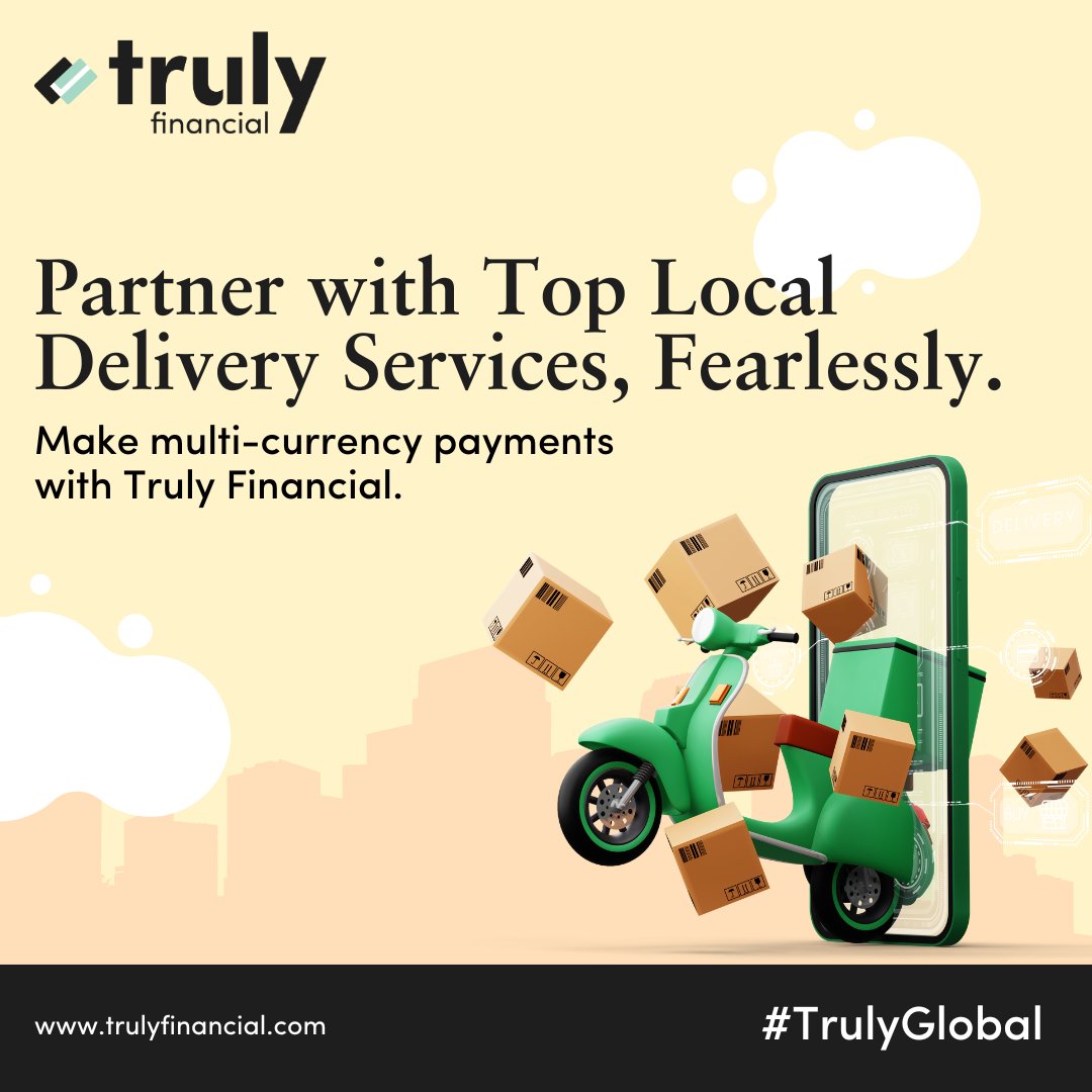 Tap into top local delivery networks and take your e-commerce businesses worldwide. Say goodbye to currency barriers &amp; logistical hurdles.

Get started: bit.ly/3vQ3Gxl

#ecommerce #BankingPartner #TrulyFinancial #TrulyGlobal #TrulyGlobalBanking #BankingWithoutBorders