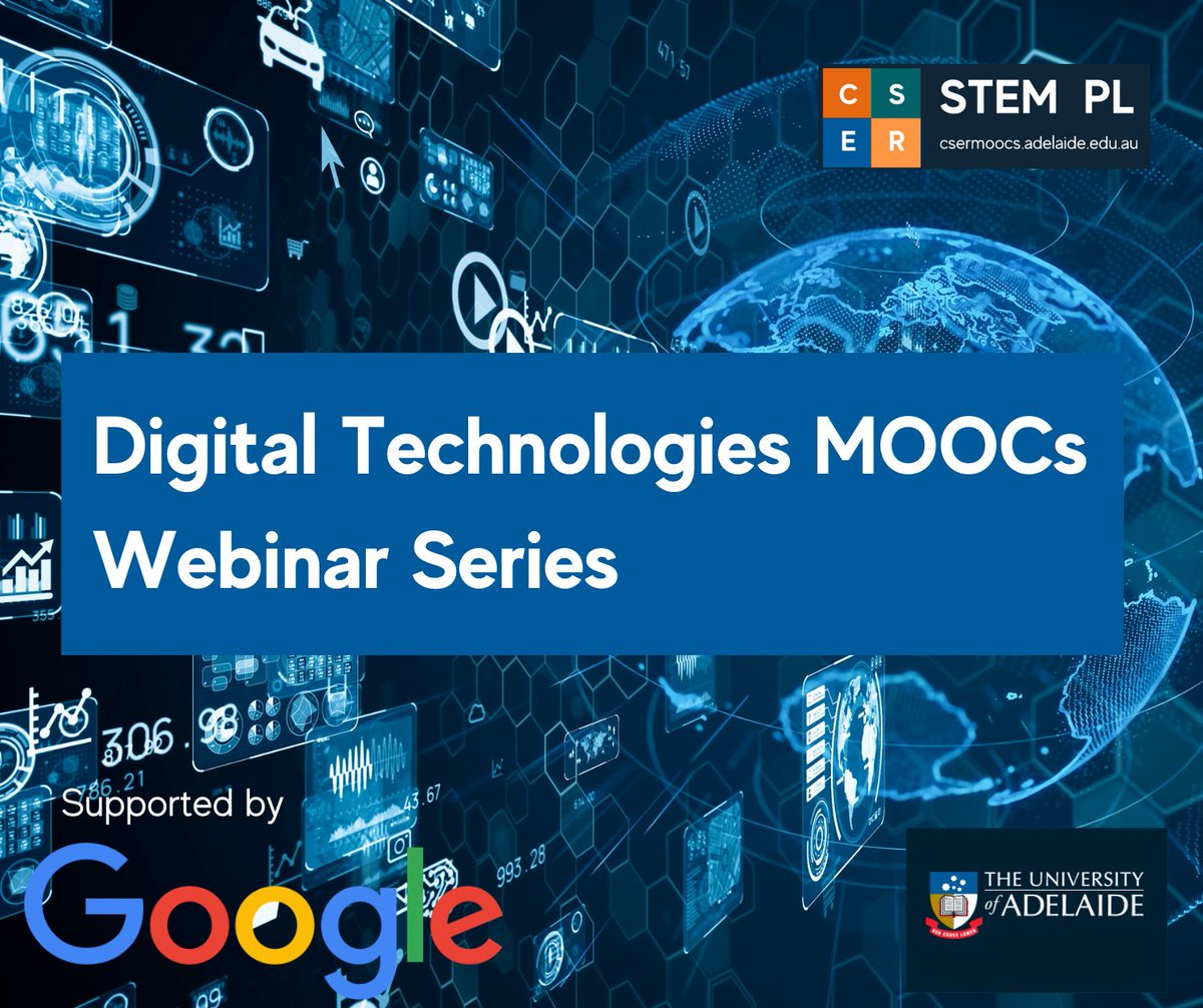 To celebrate the launch of our refreshed Digital Technologies (DT) MOOCs we are running a new series of DT related webinars. Find out more about the next 2 free events: ow.ly/EpSz50RcQUa Thanks to the support of Google Australia. @CareerswithSTEM #csermoocs