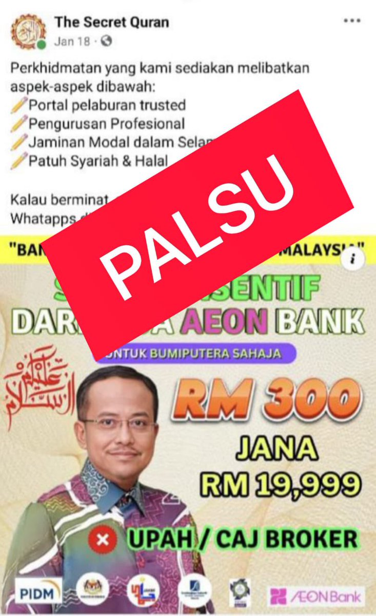 Berselindung di sebalik nama yang Islamik. Menggunakan bukan sahaja gambar saya, tetapi juga gambar pimpinan Parti Islam SeMalaysia (PAS) yang lain. Sudah acap kali penafian dibuat. Kami berharap agar semua rakyat yang terdesak tidak sesekali membuat pinjaman dari entiti yang…