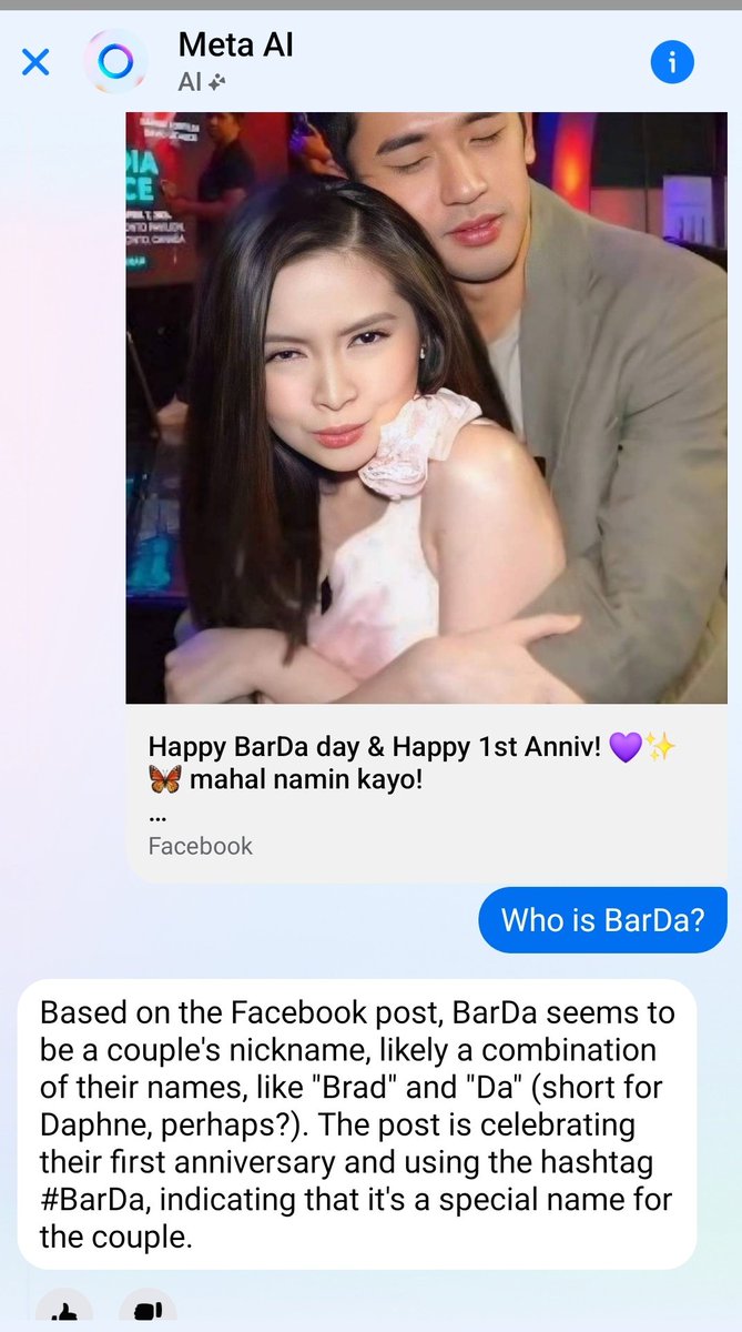 I asked Meta AI who is #BarDa and this was the response a couple's nickname #BarbieForteza #DavidLicauco