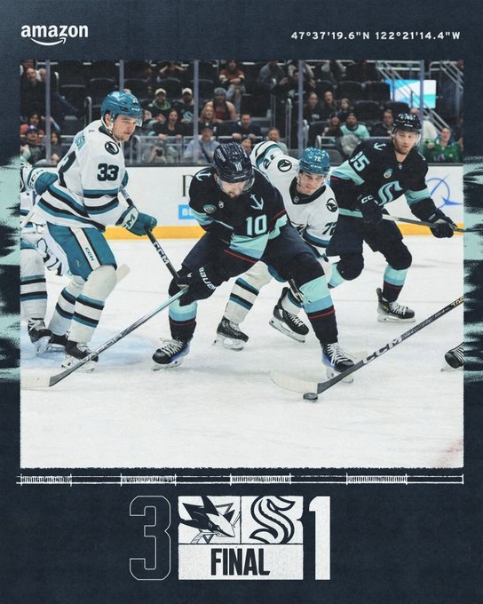 final score graphic with image of matty beniers battling for puck 3-1, sharks