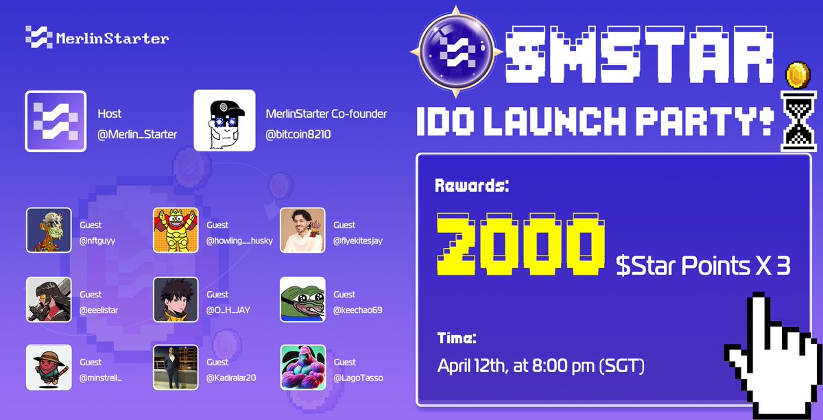 MerlinStarter Twitter Space

Topic: $MSTAR IDO LAUNCH PARTY!
x.com/i/spaces/1gqGv…

⏰ April 12th, at 8:00 pm (SGT)
🎁 2000 $Star Points x 3
🟪 Winners <a href="/merlin_giveaway/">🟪MerlinStarter Giveaway🎁</a>

1️⃣ RT, Like, Follow <a href="/merlin_starter/">Merlin</a>
2️⃣ Leave your Merlin EVM Address &amp; connect with airdrop.merlinstarter.com/merlin