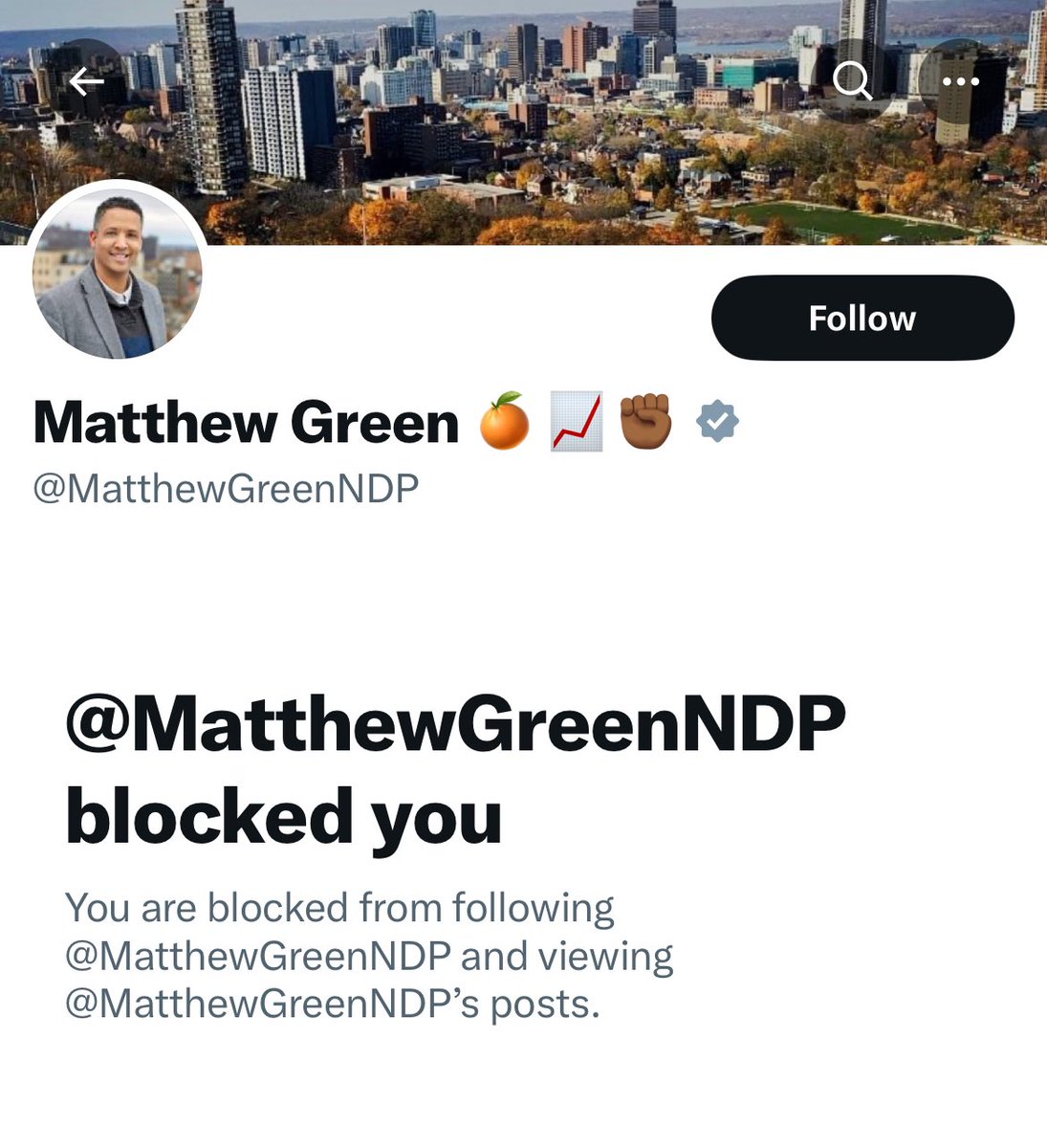 Gosh. I’m hurt. Terrorist supporter and national embarrassment @MatthewGreenNDP that wears a tablecloth in the HoC blocks me. He can dish it out, but he can’t take it.