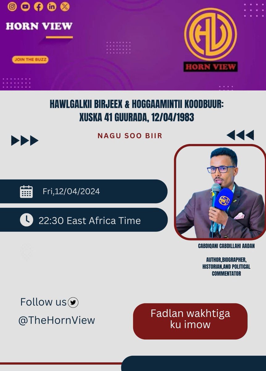 TheHornView's tweet photo. Hamoogaan: Hawl Galkii Birjeex iyo Hogaamintii Koodbuur, 41 Guuradii. Qoraa Cabdiqani Cabdilaahi Adan. https://t.co/Yl9reobI9s