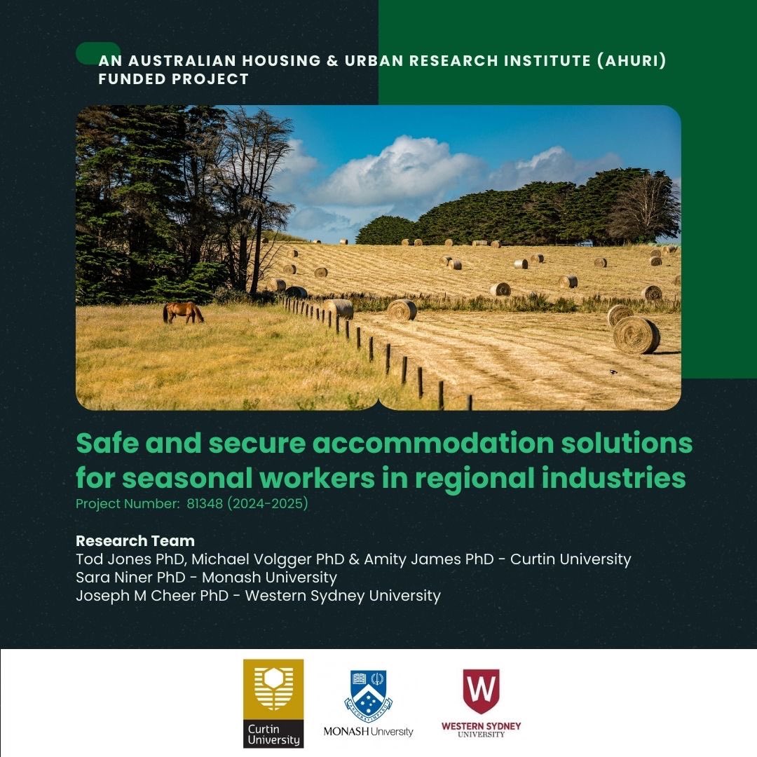With thanks to @AHURI_Research and led by Tod Jones, alongside Michael Volgger & Amity Jane @CurtinUni and Sara Niner @Monash_Arts, we’re about kickoff the project, “Safe and secure accommodation solutions for seasonal workers in regional industries”.