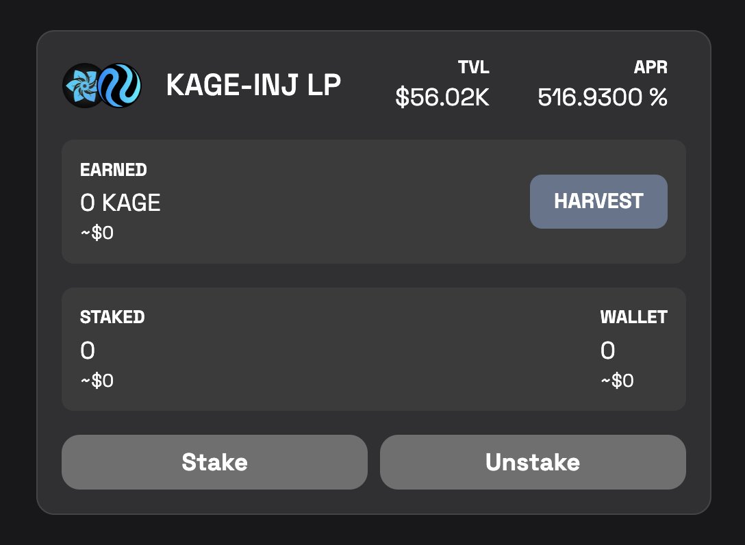 Stake your KAGE-INJ LP on our Kage Earn page and earn KAGE at ~516% APR right now. 🚀

Stake your LP here: app.kage.finance/earn