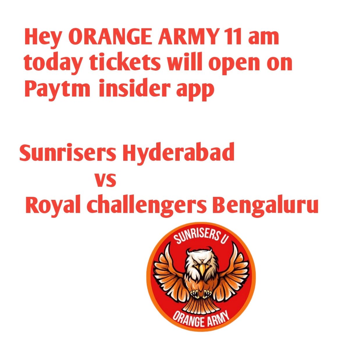 Hey Orange Army get ready 11 am ki tickets open authai #SRHvsRCB #IPLonJioCinema #Ipl #SRH