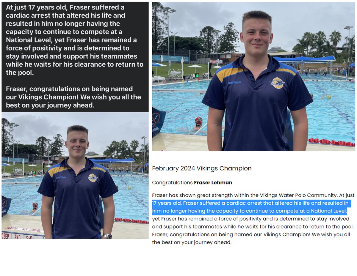 Canberra, Australia - 17 year old Fraser Lehman, a Vikings Water Polo player

'suffered a cardiac arrest that altered his life and resulted in him no longer having the capacity to continue to compete at a National Level'

Pfizer & Moderna COVID-19 mRNA Vaccines have destroyed the