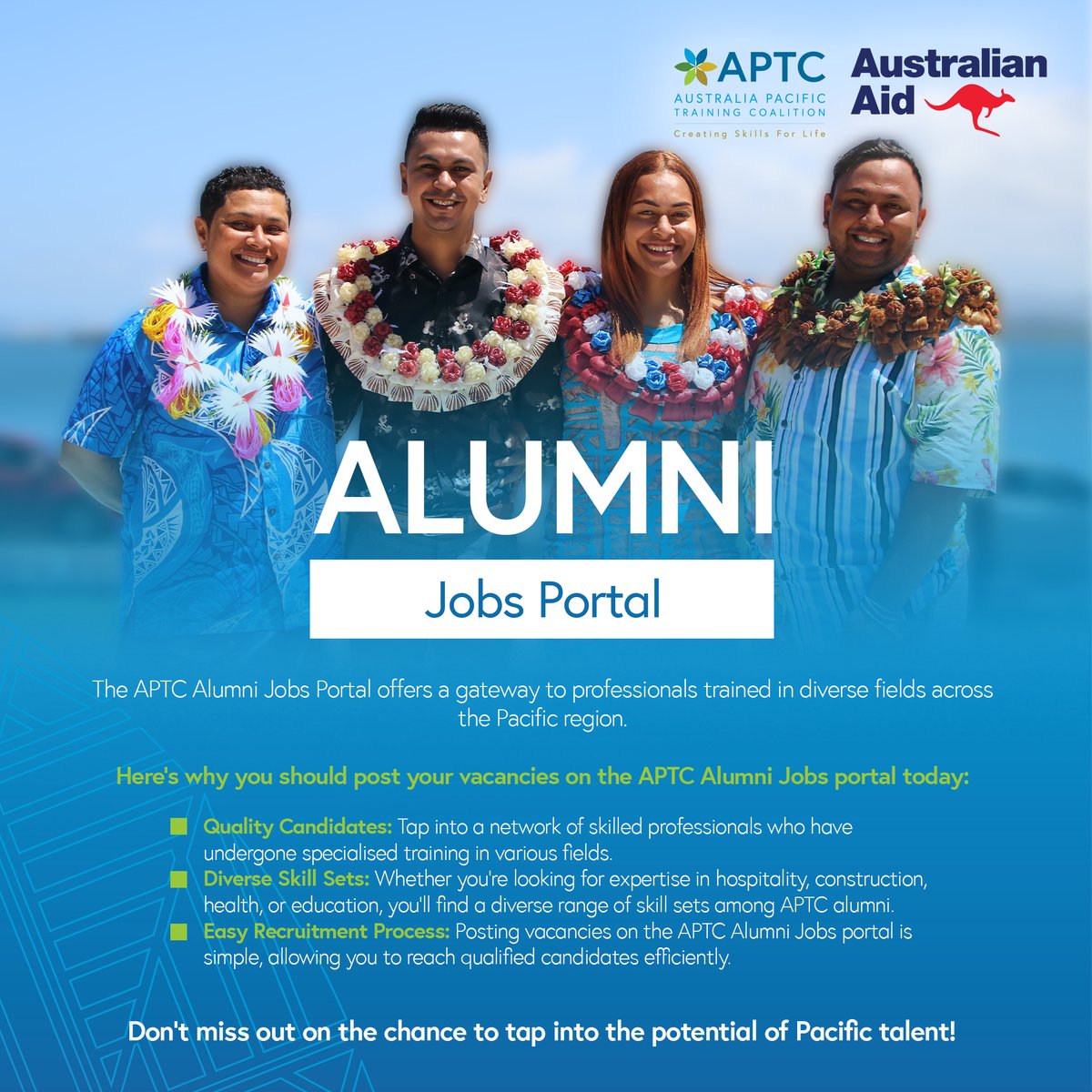 𝐀𝐭𝐭𝐞𝐧𝐭𝐢𝐨𝐧 𝐄𝐦𝐩𝐥𝐨𝐲𝐞𝐫𝐬 📢 Gain access to a pool of talented individuals who have received quality training & education through APTC. Post your vacancies on the 𝐀𝐏𝐓𝐂 𝐀𝐥𝐮𝐦𝐧𝐢 𝐉𝐨𝐛𝐬 𝐩𝐨𝐫𝐭𝐚𝐥 today. Please visit 👇alumnijobs.aptc.edu.au/Account/Login.…