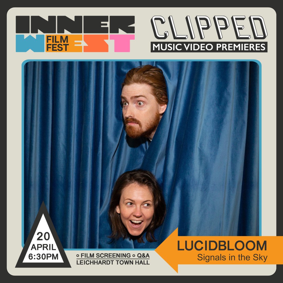 Music Video 'Signals in the Skies' by LUCIDBLOOM (dir. Sophie Savilla <a href="/RowanDevereux/">Rowan Devereux</a>) premieres at
<a href="/CLIPPEDTV/">CLIPPED TV</a> Premieres x Inner West Film Fest 20 April at Leichhardt Town Hall.
🎟️ bit.ly/3xEOByZ 
❤️<a href="/IWCouncil/">Inner West Council</a> <a href="/fbiradio/">FBi Radio</a> <a href="/ScreenNSW/">Screen NSW</a> <a href="/MusicNSW/">MusicNSW</a> <a href="/InnerwestArts/">Innerwest Arts</a> <a href="/ADGdirectors/">Australian Directors</a>