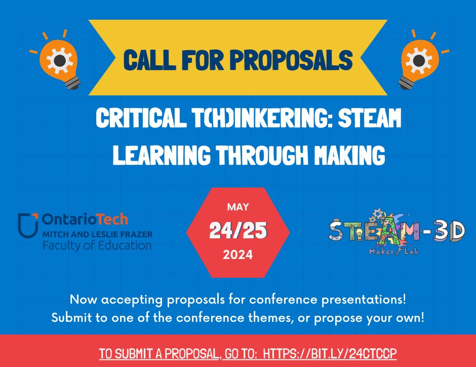 📢 LAST CALL! 📢

Deadline is Mon. Apr. 15 to submit a proposal to present at our "STEAM - Learning Through Making" conference! 

Presenters get:
-$50 gift card
-Free registration 
-Authorship in e-book

Visit bit.ly/24CTCCP to submit a proposal. <a href="/ontariotech_u/">Ontario Tech University</a> <a href="/OT_FED/">Frazer Faculty of Education</a>