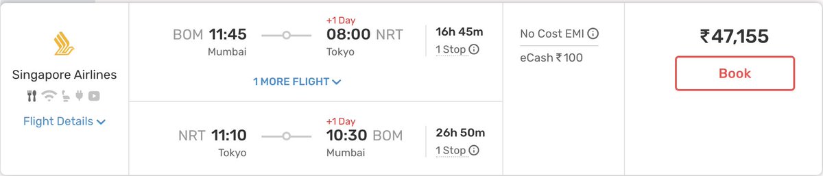 Mumbai ✈️ Tokyo Return Rs. 47K 🎒💼 July & Aug 2024 Fly with @SingaporeAir Not the cheapest as the ANA Sale @ 39K but still worth the price Share | RT #DakuFlightDeals