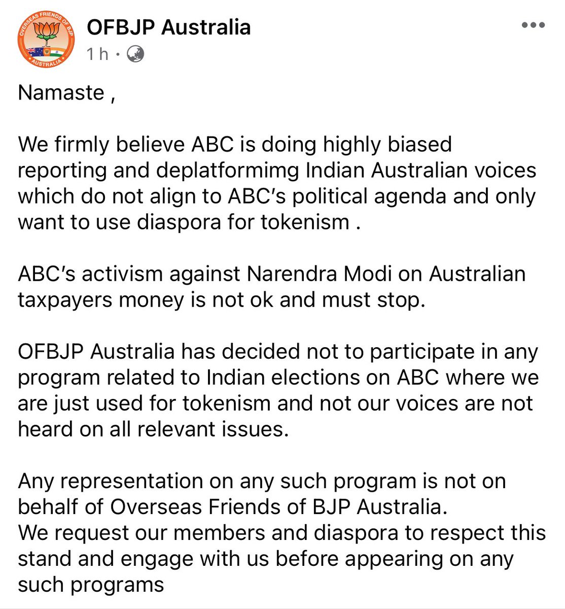 @abcnews Cannot deplatform Indian Australian voices just because they don’t align. With their agenda and use us for tokenism