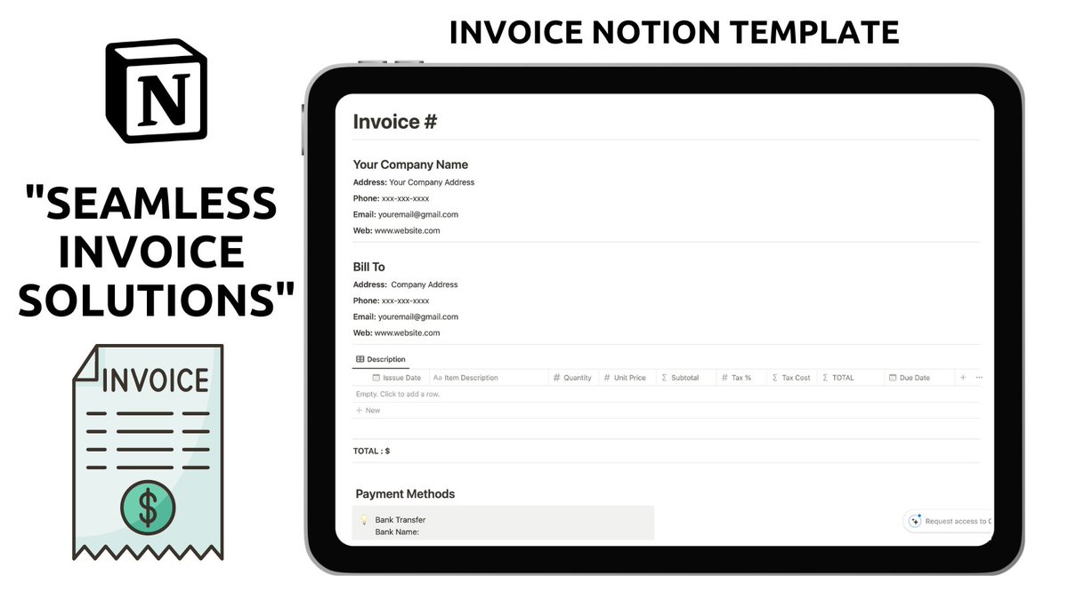 notion_haroon's tweet image. &quot;Seamless Invoice Solutions&quot;  

&apos;&apos;Invoice Notion Template&quot;   

It&apos;s FREE of charge!           

To get it,   

simply:        
• Like      
• Retweet     
• Reply &quot;Invoice&quot;      
• Follow me (so I can DM you)    

#notion #notiontemplate