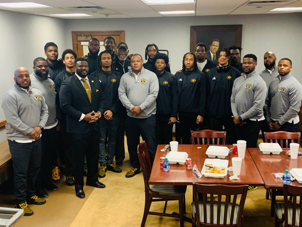 Thank you to our Louisiana State Representative @rep_ryoung for inviting our @gsutigers_mbb team to the capital to be recognized our 23-24 season! What a special honor for our men's basketball program! @GSU_TIGERS @Grambling1901 #WhyNotGrambling #GramFam #GetReady