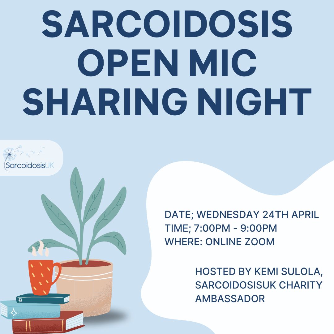SarcoidosisUK Charity Ambassador Kemi is hosting an Open Mic Sharing Night for people affected by sarcoidosis! 📣 'Come join us for a cozy night in of sharing and support as we come together online to share our stories about sarcoidosis' buff.ly/4cU2LfO