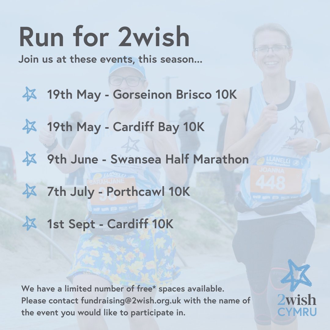 🏃‍♀️🌟 Run for 2wish! 🏃‍♂️💙 Join us at the Cardiff Bay 10K or Gorseinon 10K on May 19, 2024. Limited free* spaces available! Contact fundraising@2wish.org.uk to claim yours now or find more info here 👉 ow.ly/kN0J50R9Avw #runningevents #runfor2wish #fundraising