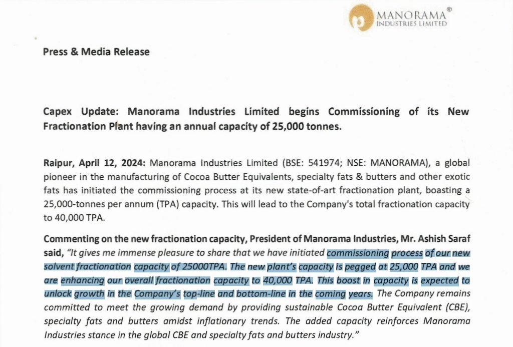 Manorama Industries

Co starts Commissioning of its New Fractionation Plant having an annual capacity of 25,000 tonnes

Now total fractionation capacity - 40,000 TPA

#StockMarket #StockToWatch