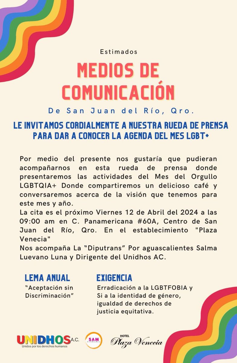 ¡QUERÉTARO PRESENTES! 🌈 MONUMENTAL Nos vemos este viernes 12 de abril en San Juan del Río #Querétaro en compañía de @MovArcoirisMex y organizadores de la próxima Marcha del Orgullo en ese municipio. 🏳️‍⚧️🏳️‍🌈 Conferencia de Prensa 9:30am Ponencia en @UAQmx 10:30am…