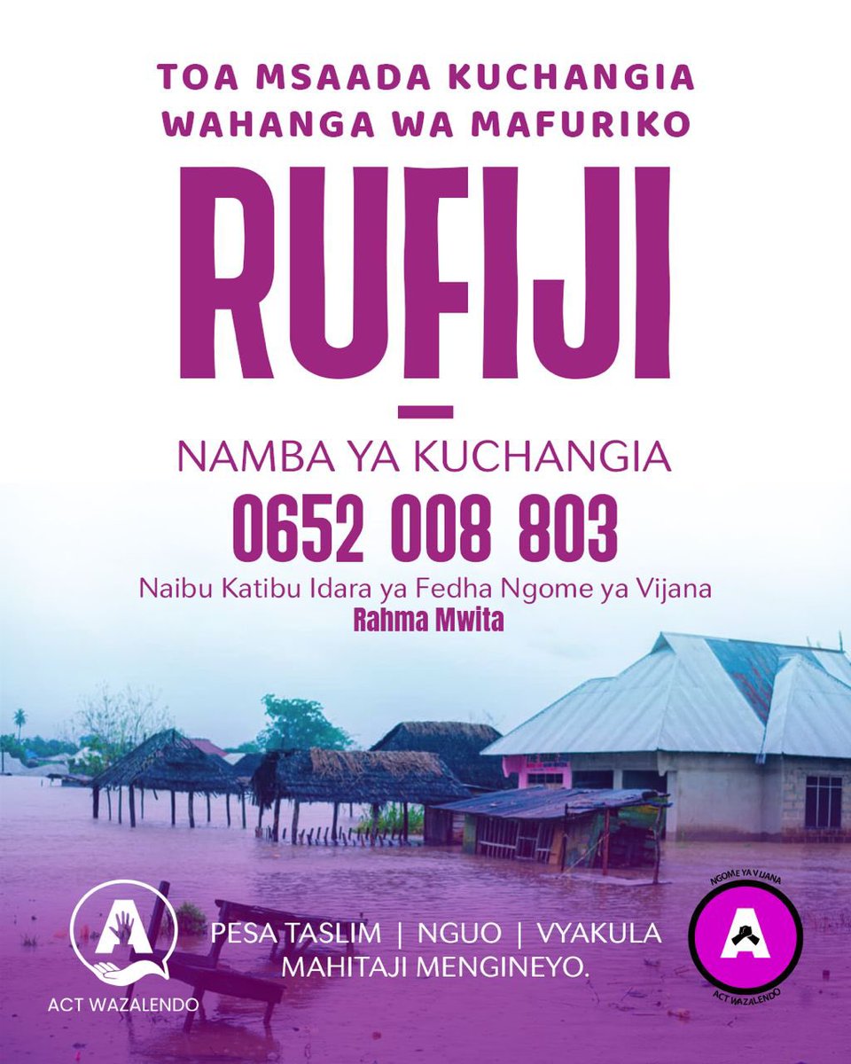 Ngome ya Vijana ya ACT @ngome_ya_vijana_taifa tunatarajia kufanya ziara wilaya ya Rufiji tarehe 14/04/2024 kwenda kuwafariji na kiwasilisha michango yetu kwa wananchi waliokubwa na mafuriko. Tunakusanya fedha, nguo, vyakula na mahitaji mengine muhimu kwani familia…