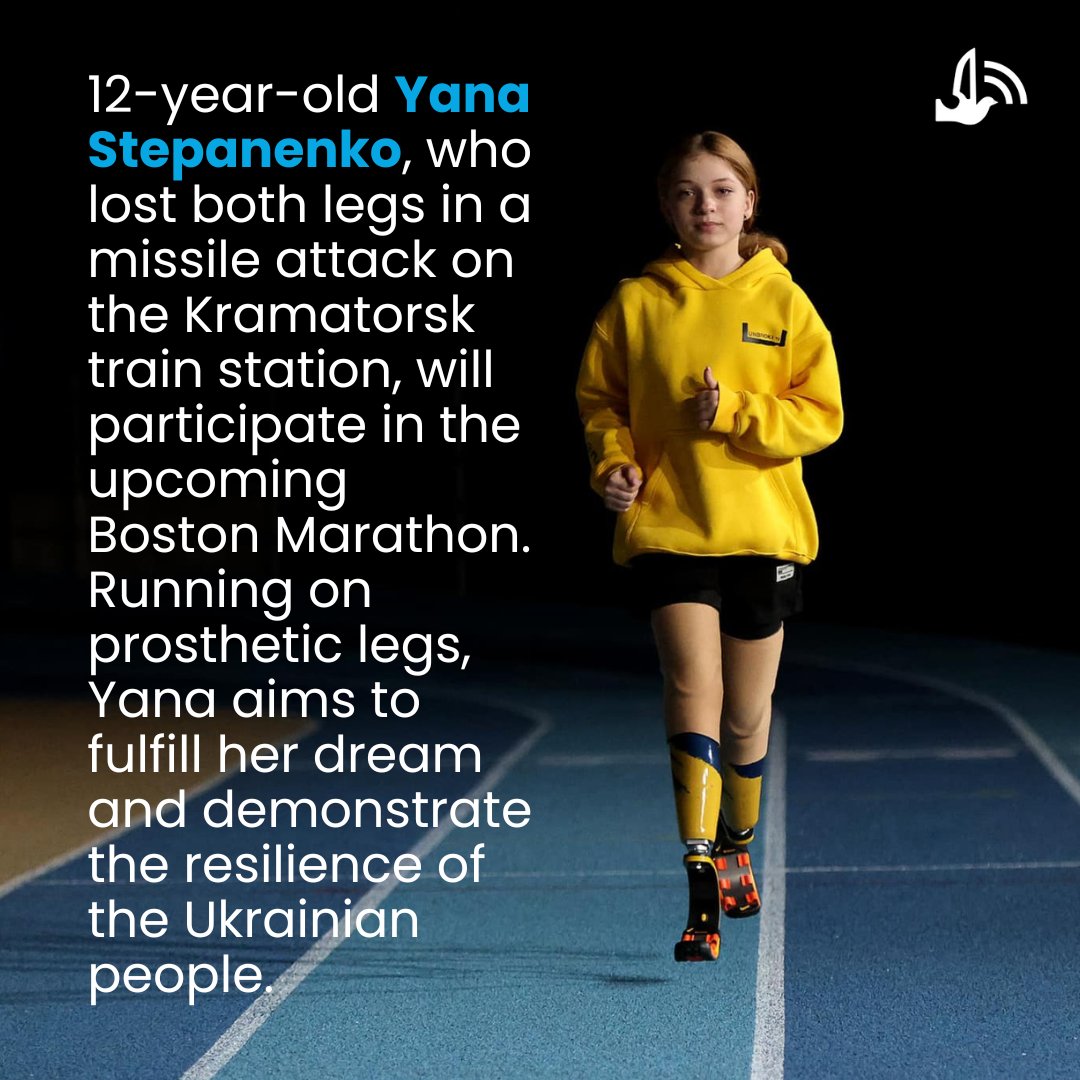 12-year-old Ukrainian Yana Stepanenko, who lost both legs in Kramatorsk missile attack, to run Boston Marathon on prosthetics 15 April. Aims to raise funds for wounded soldier’s running prosthesis & show Ukraine’s resilience amid ongoing war casualties and loss of life.