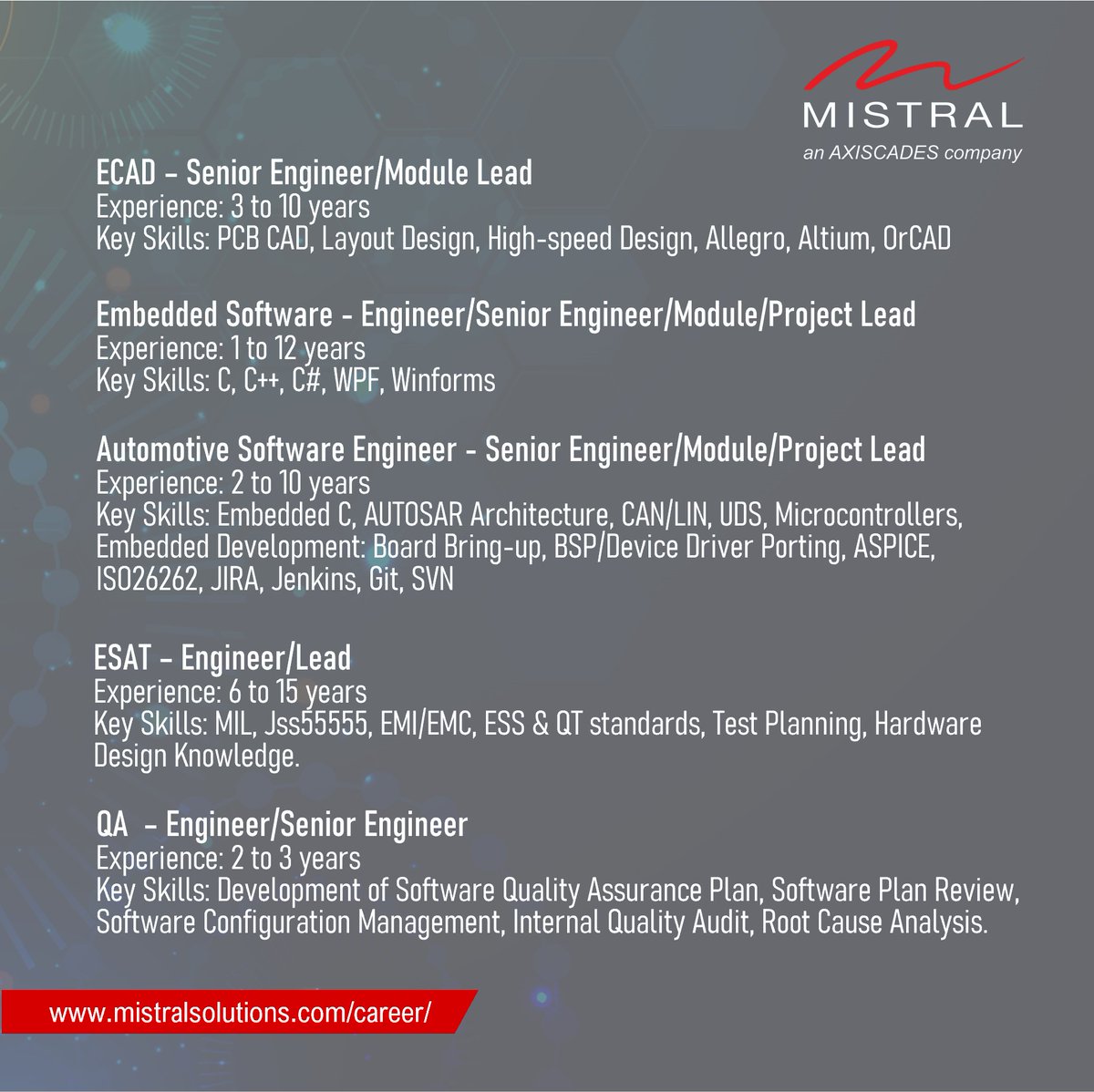 Mistral is currently seeking for experienced Engineers at different levels for various roles. If you have a passion for embedded engineering, we would love to hear from you! Interested candidates fill out the google form - lnkd.in/gPar9rdj