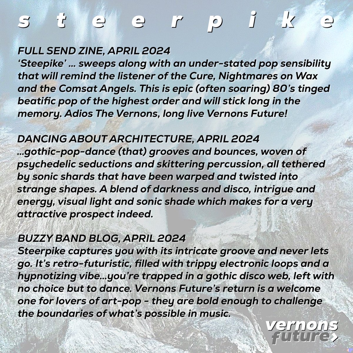 Did you get to listen to our new single Steerpike yet? Here’s what people have been saying over the last week…😊 You can listen or watch here: 🎧songwhip.com/vernonsfuture/… 🎥youtu.be/54djlZluxlQ #NewMusicFriday #newmusic #indie #GothicDisco #ProbePlus #Steerpike