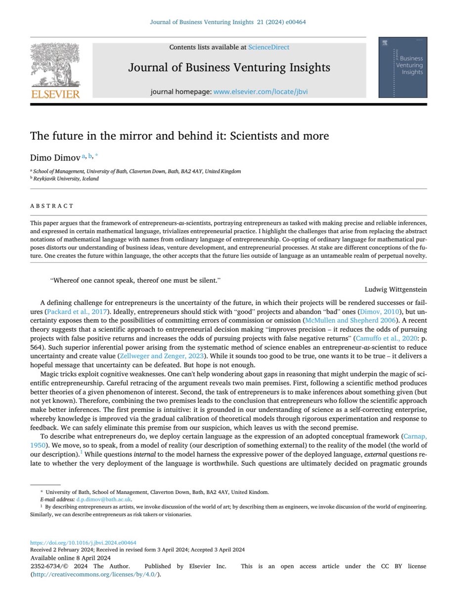 Dimo Dimov suggesting that “Scientific Entrepreneurship” (à la @arnaldo_camuffo) is a kind of scientism since it mixes abstract mathematical notation and natural language in ways that miss essential aspects of real-life entrepreneurship. sciencedirect.com/science/articl…