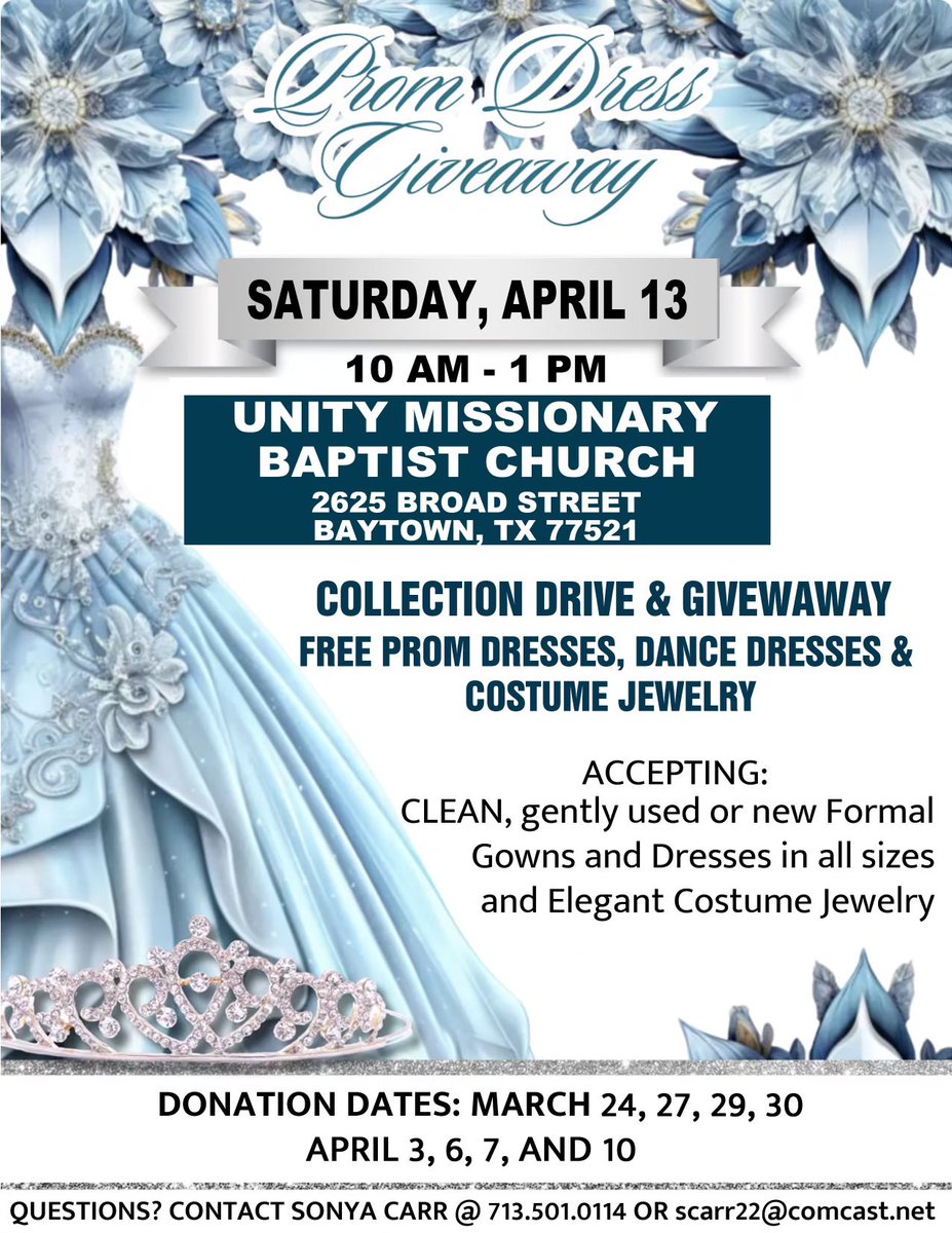 UnityBaytown's tweet photo. This is the last week of clothing collection for our Spring Clothing Drive and Prom dress giveaway! If you know anyone in need, bring them to our clothing giveaway on Saturday, April 13, 2024 between 10AM - 1PM
See you there!! https://t.co/QApUgkf8k9
