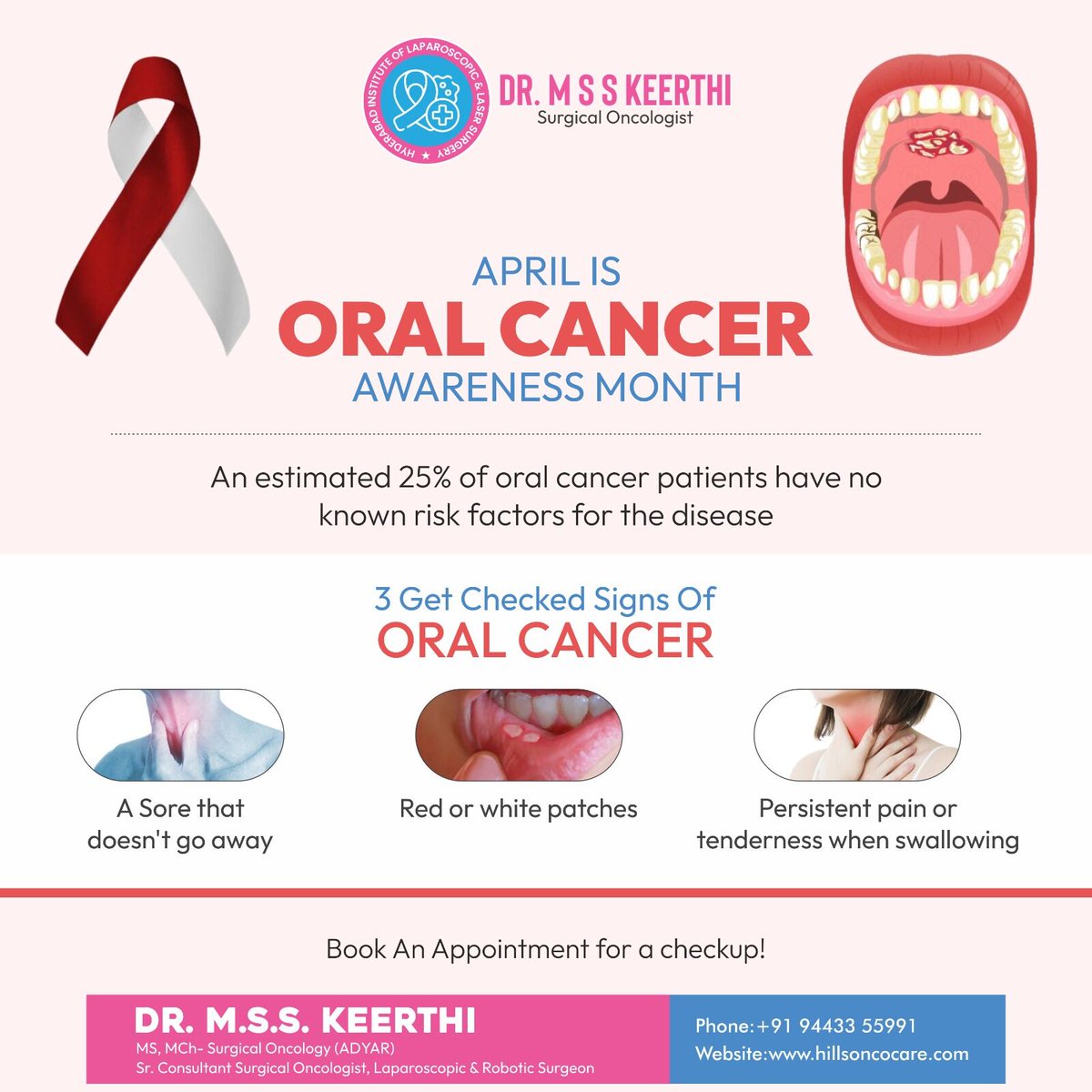 Surprisingly, 25% of oral cancer cases have no apparent risk factors. Look out for these 'Get Checked' signs: 1. Persistent non-healing sores. 2. Red or white patches. 3. Pain while swallowing. Act fast, schedule your checkup now! 

#OralCancerAwareness #GetChecked #CancerCare