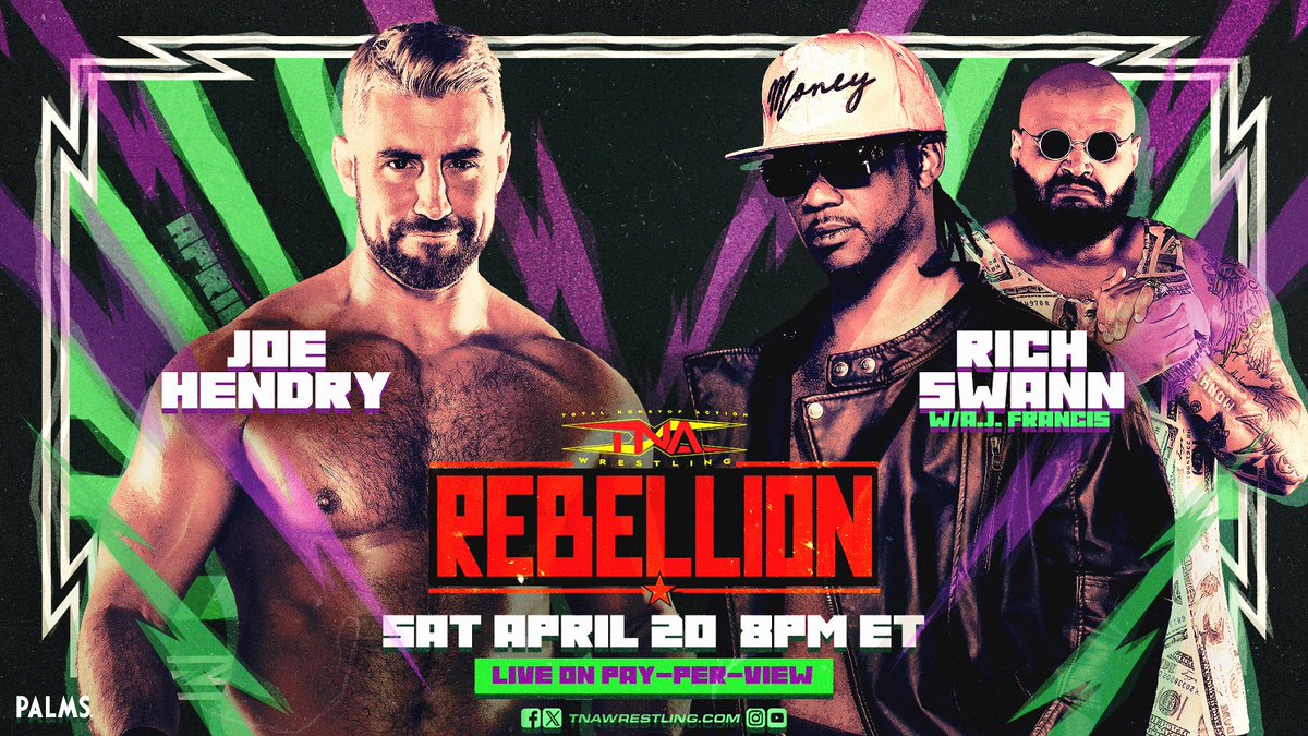 .@joehendry battles #RichSwann at #Rebellion, April 20, LIVE on PPV and the TNA+ World Champion tier from the Palms in Las Vegas! Get tickets and be there LIVE: ticketmaster.com/tna-wrestling-… Get TNA+: watch.tnawrestling.com/live/260242