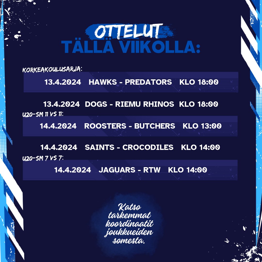 Viikonloppuna jenkkifutista!
-Joensuu
-Vaasa
-Helsinki
-Tampere
-Jyväskylä
Valitse omasi ja tule kannustamaan.
#sajl #jenkkifutis  #amerikkalainenjalkapallo