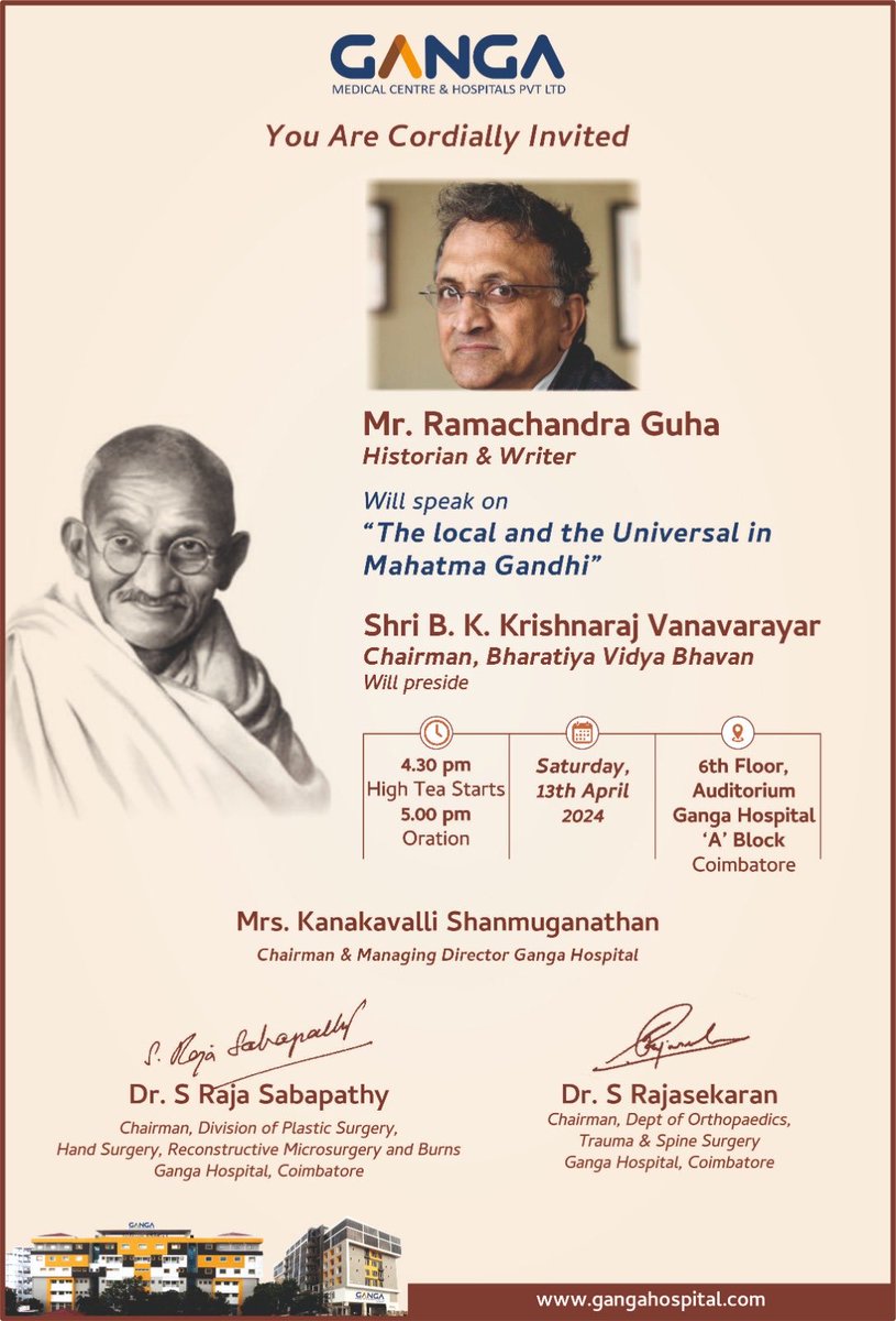 For history and literature buffs in Coimbatore: I'll be speaking on 'The Local and the Universal in Mahatma Gandhi' at Ganga Hospital tomorrow, 13th April, 5 pm onwards.