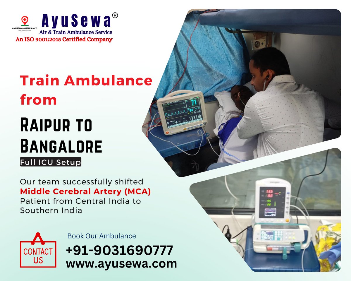 Train Ambulance by #AyuSewa from #Raipur to #Bangalore. Our team successfully shifted Middle Cerebral Artery patient.
9031690777
ayusewa.com
#RaipurToBangalore #RaipurTrainAmbulance #BangaloreTrainAmbulance #AyuSewaTeam #TrainAmbulancePatna #Ambulance #AmbulanceServic