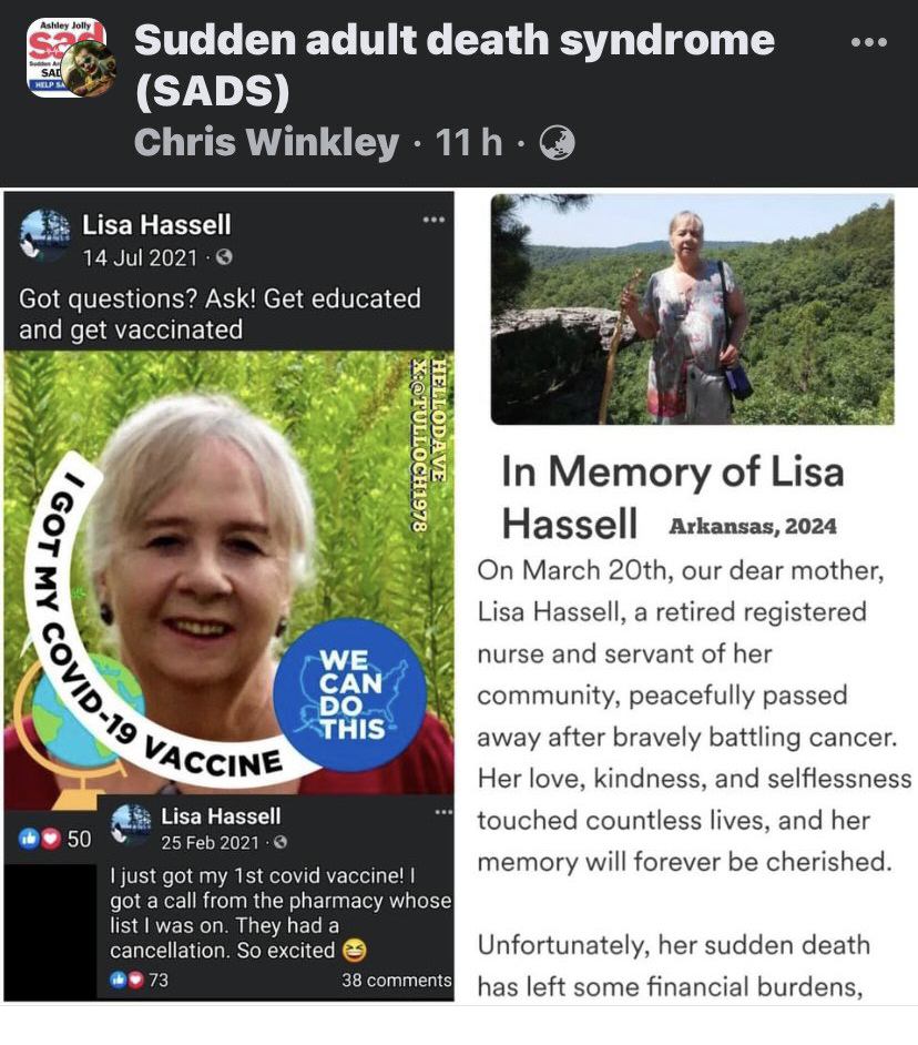 Jerusalem, AR - Nurse Lisa Hassell died on March 20, 2024 after a battle with cancer.

She was extremely excited to get COVID-19 mRNA Vaccines.

Feb.25, 2021: 'I just got my 1st COVID Vaccine! I got a call from the pharmacy whose list I was on. They had a cancellation. So…