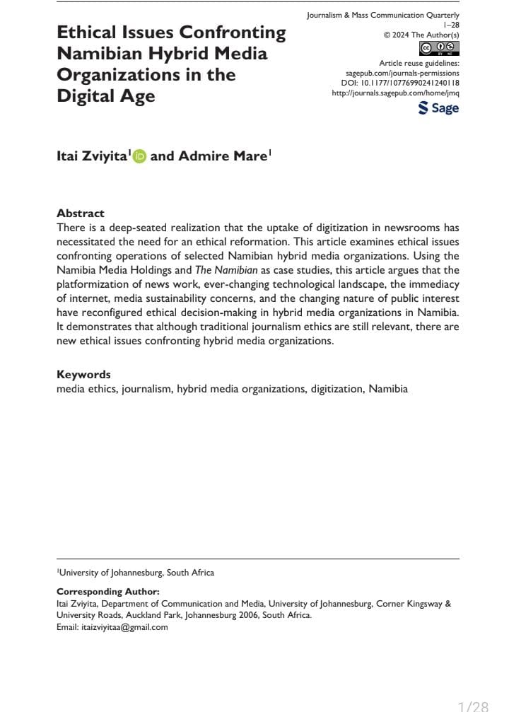 #PublicationAlert2024: Happy to share the news about our recently #published article with Itai Zviyita. It looks how reportees and editors in selected #Namibian newsrooms are negotiating ethical #challenges in the digital age.