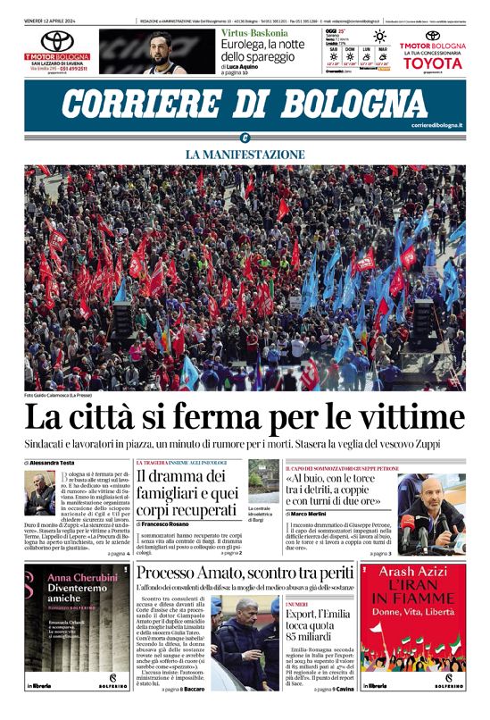 La prima pagina del Corriere di Bologna in edicola oggi. Buona giornata