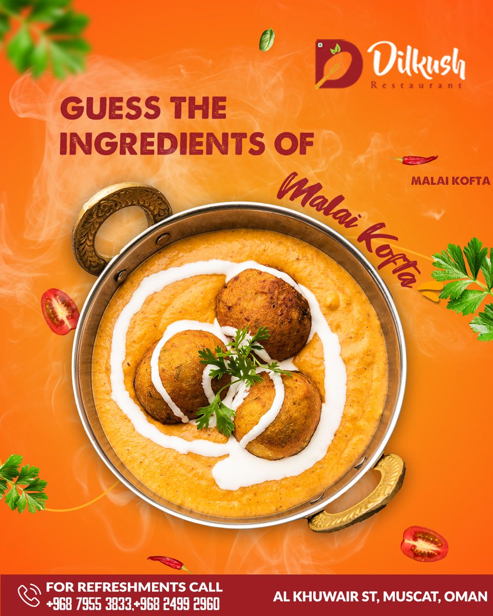Guess the Ingredients of Malai Kofta.

Call @ +968 7955 3833, +968 2499 2960
Landline no: 24992960

#MalaiKofta #GuessTheIngredients #DelectableDishes #FoodieGame #TasteSensation #ChefSpecial #IndianCuisineDelights #Mouthwatering #GuessTheIngredients #CookingGame #FoodTrivia