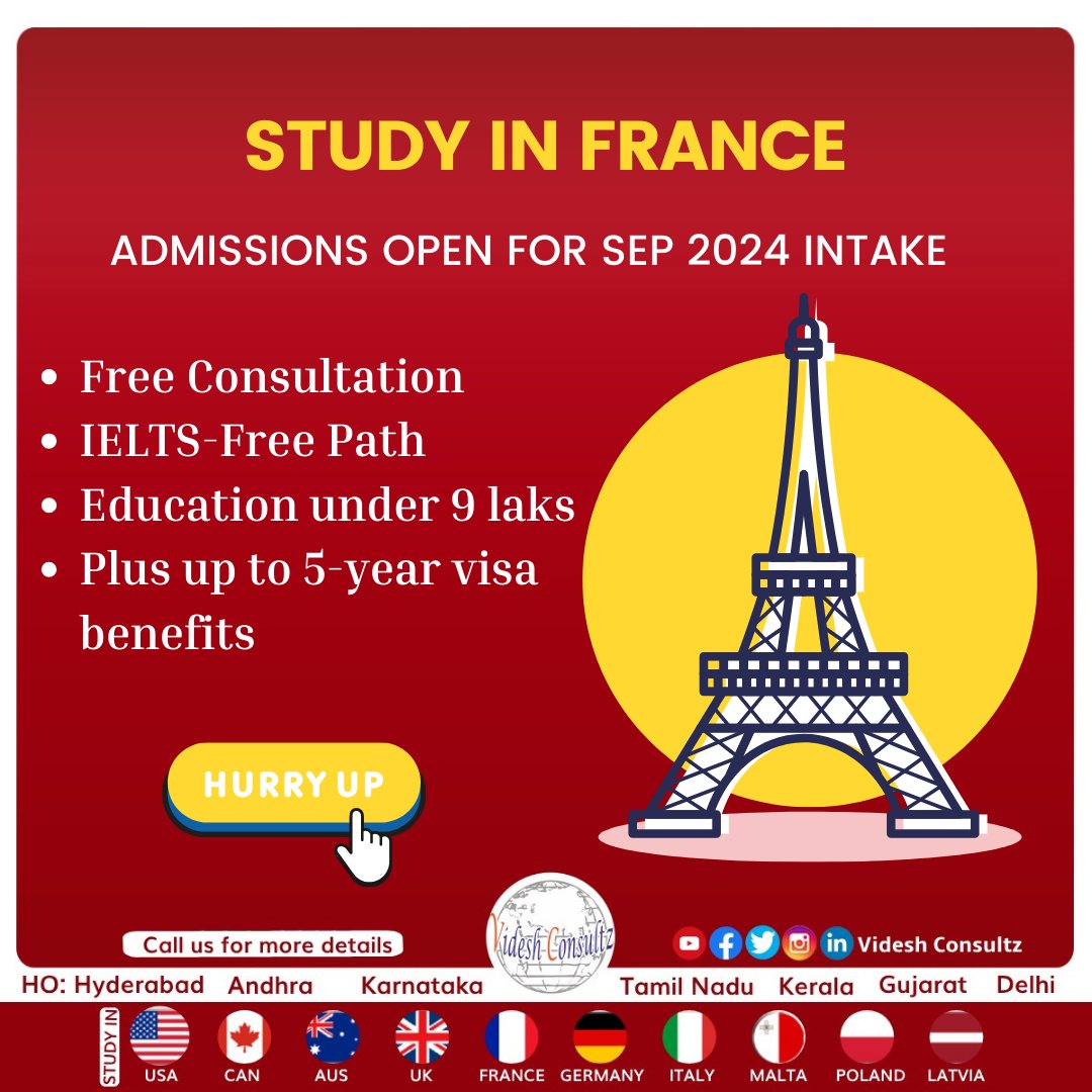 Study in France for less than 9 lakhs, no IELTS required! Enjoy up to 5 years of post-study visa. Apply now for the SEP 2024 intake! Don't miss this opportunity, register now!
Videshconsultz.com 
#StudyInFrance #videshconsultz #topuniversities #admissions2024 #2024intake