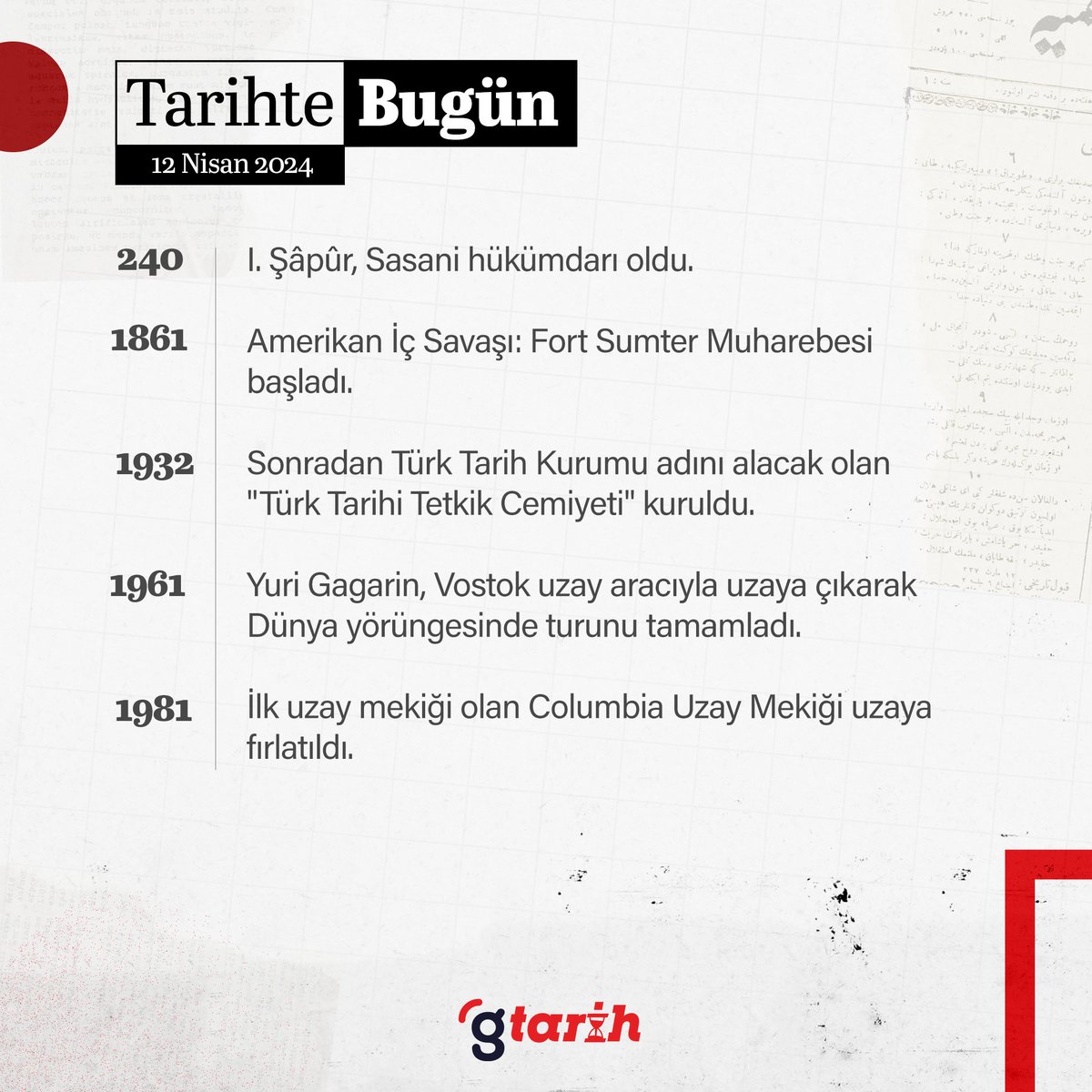 Tarihte bugün neler yaşandı? 🙌 Tarihte yaşanan önemli olayları sizin için derledik. 💢 Geçmişe dönük haberleri ve özel içerikleri kaçırmamak için gdh tarih sosyal medya hesaplarını takip etmeyi unutmayın. 📅 12 Nisan 2024