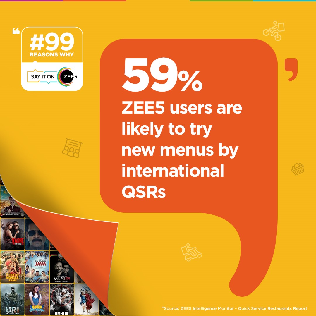 ZEE5 users’ appetite have a preference for innovative cuisines by international QSRs.

If your brand is looking to target the Indian F&B segment then partner with ZEE5 to get powerful insights on Quick Service Restaurants.

#SayltOnZEE5 #OTTAdvertising #OTTMarketing #AdvertiseNow