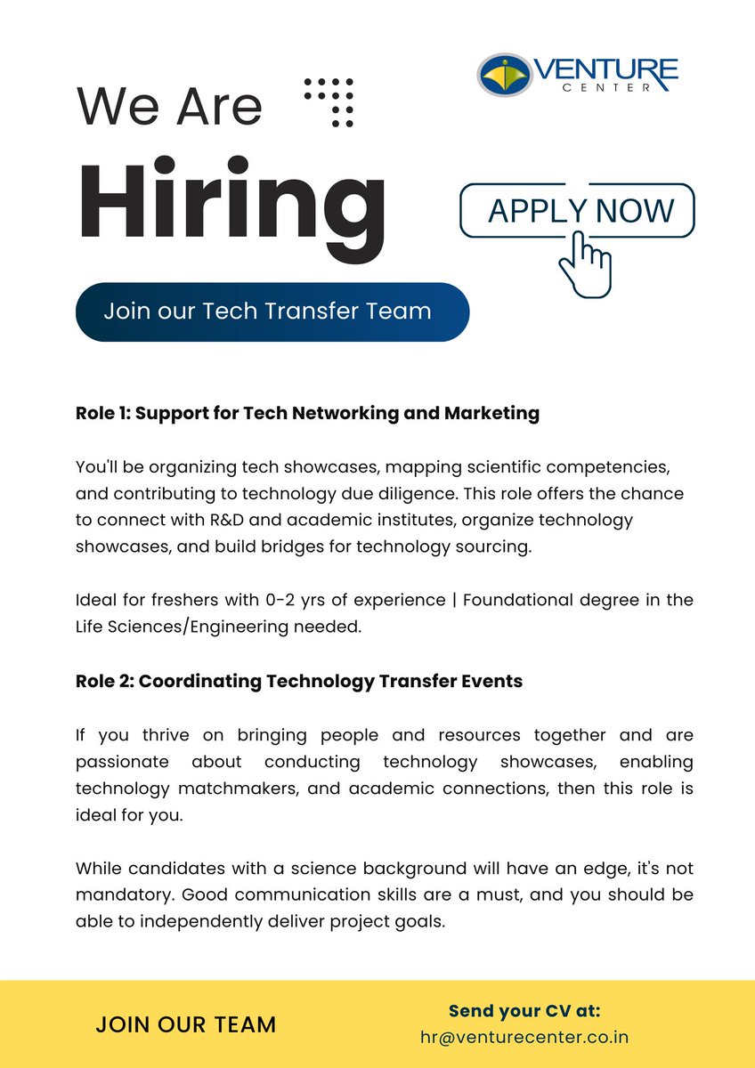 #urgenthiring: We're currently hiring for multiple roles in our technology transfer team! 1. Role 1: Support for Tech Networking and Marketing 2. Role 2: Coordinating Technology Transfer Events To join our team, email your CV at hr@venturecenter.co.in #jobs #pune @TechEx_In