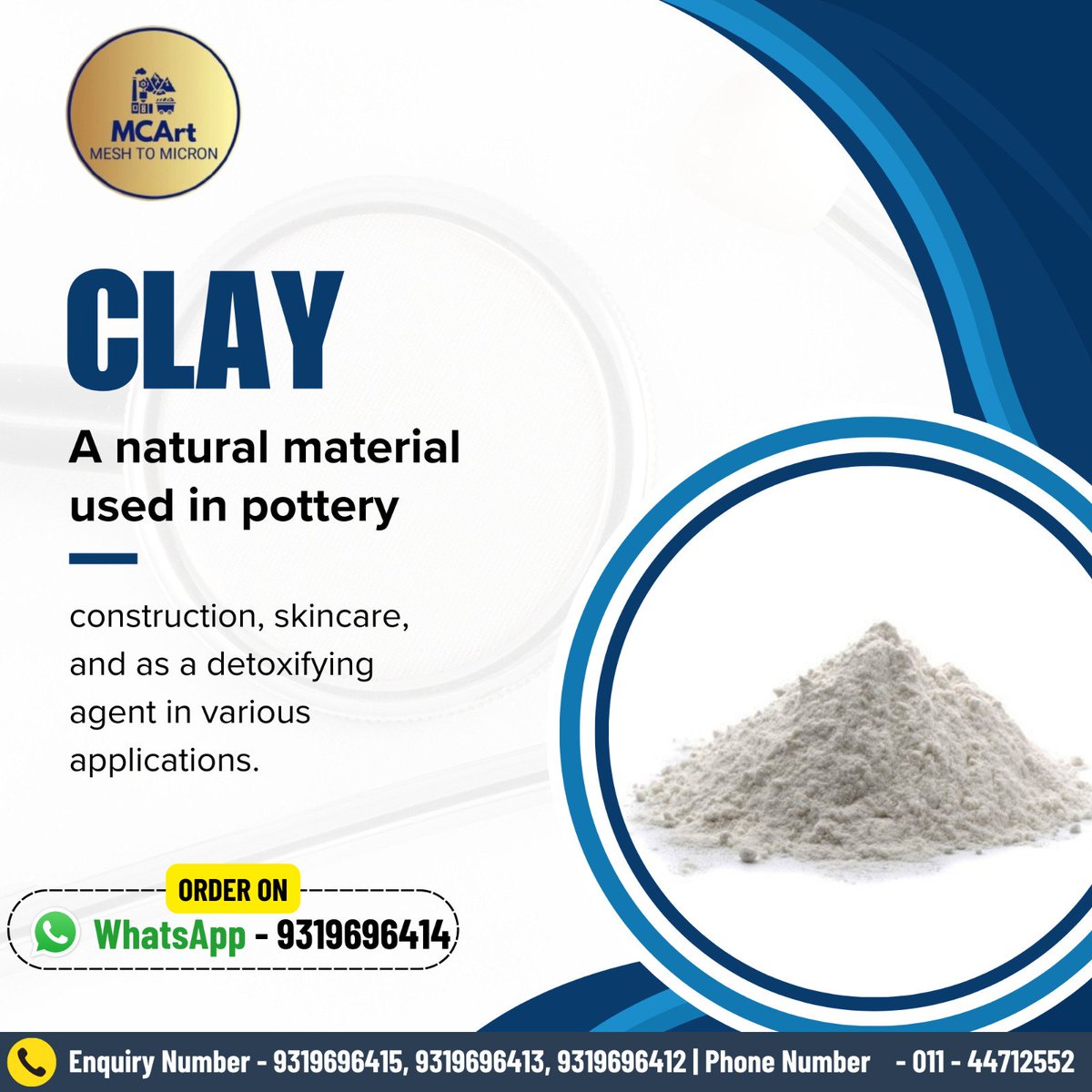 Clay 
For more details
Whatsapp us at 093196 96414
Mcart 

#Mcart #Meshtomicron #Minerals #Chemicals #MineralResources #ChemicalIndustry #MineralExtraction #ChemicalCompounds #MineralProcessing #ChemicalManufacturing #Clay #Pottery #Skincare #NaturalMaterial #ClayBenefits