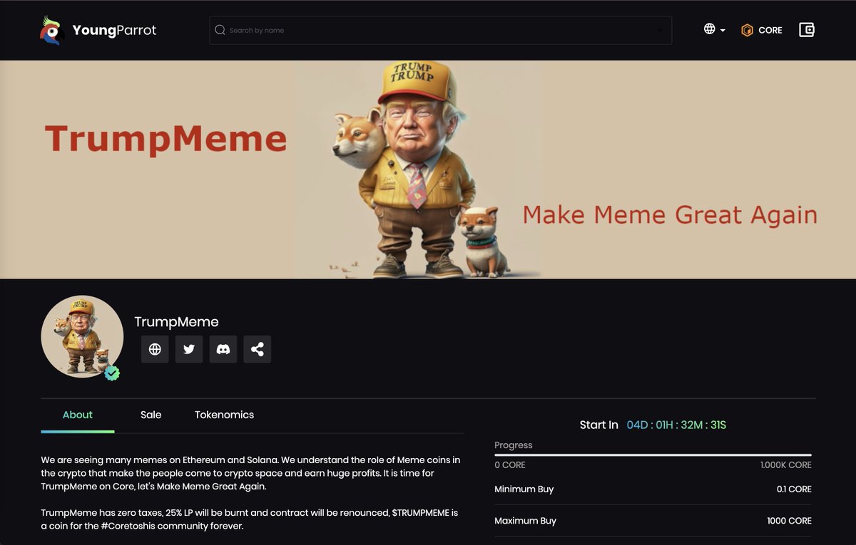 Are you ready for $TRUMPMEME token presale on @youngparrotnft, token.youngparrotnft.com/core/trumpmeme…? Let's make $TRUMPMEME as #1 meme token on @Coredao_Org 😍 We want community from #Ethereum and #Solana chains to come to #CoreDAO and go to the moon🚀🔥 #CORECHAIN #memecoin #Memes
