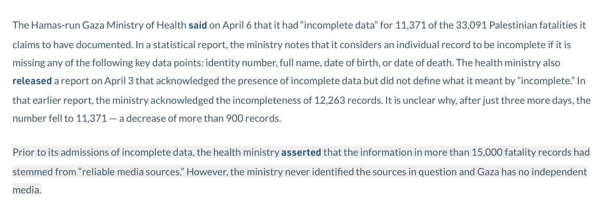 At least 1/3rd of the Gaza Health Ministry's reported fatalities are 'incomplete' (meaning they lack the identity number that they have claimed to have all along). Source: FDD via Arabic telegram fdd.org/analysis/2024/…