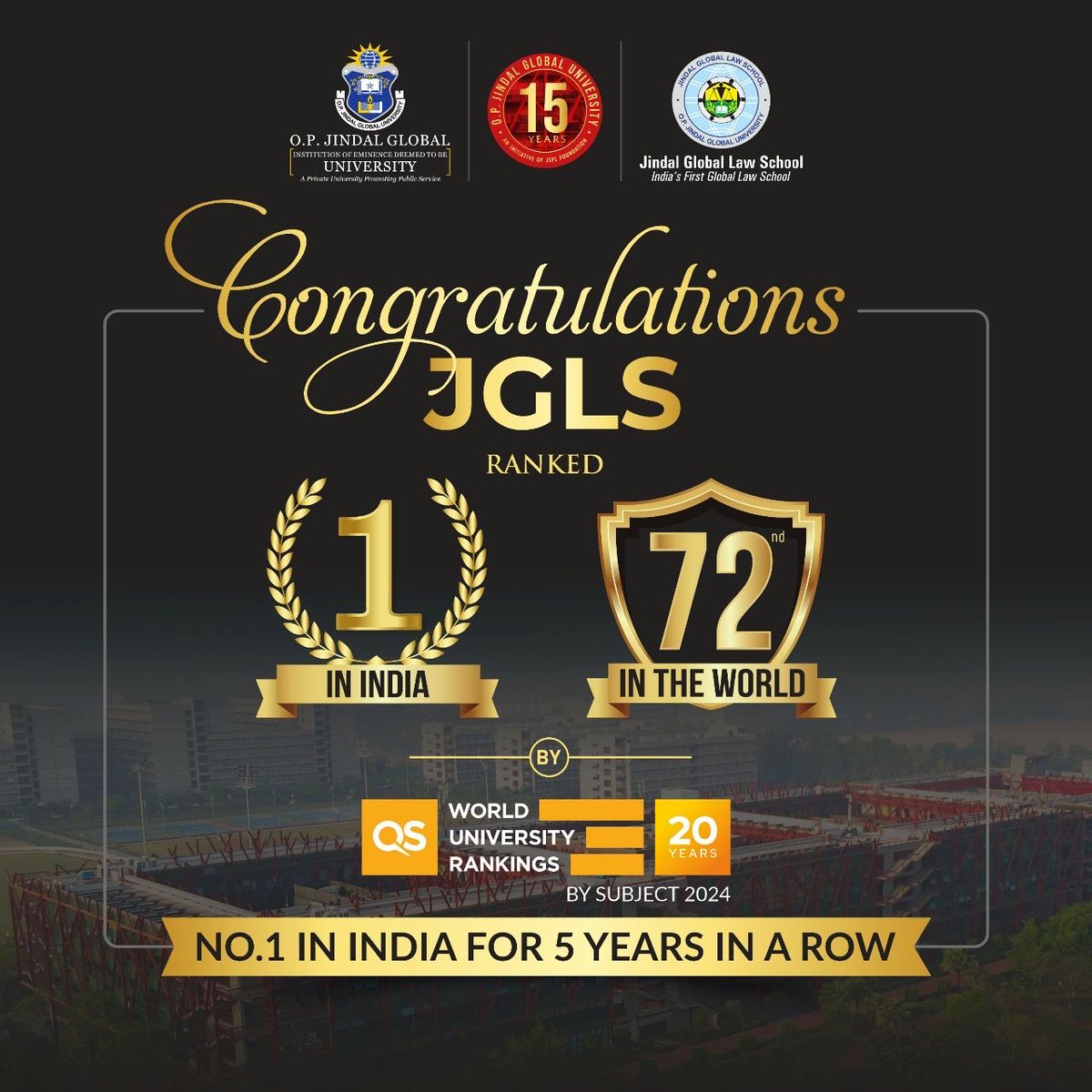 Five years at the top in India is impressive. JGLS's ranking journey shows they're hungry for even greater success. #JGLSNumber1